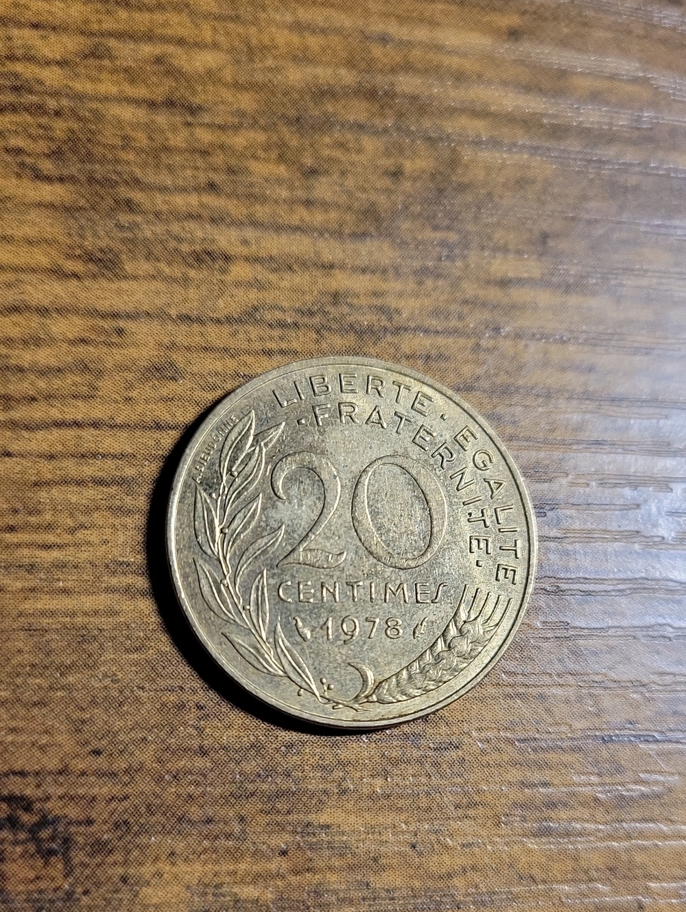 Vintage 1978 French 20 Centimes Coin in Brass Tone